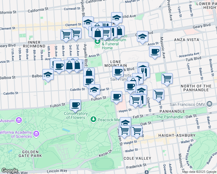 map of restaurants, bars, coffee shops, grocery stores, and more near 33 Paramount Terrace in San Francisco