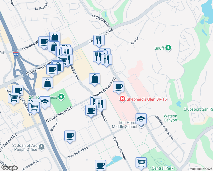 map of restaurants, bars, coffee shops, grocery stores, and more near 4700 Norris Canyon Road in San Ramon