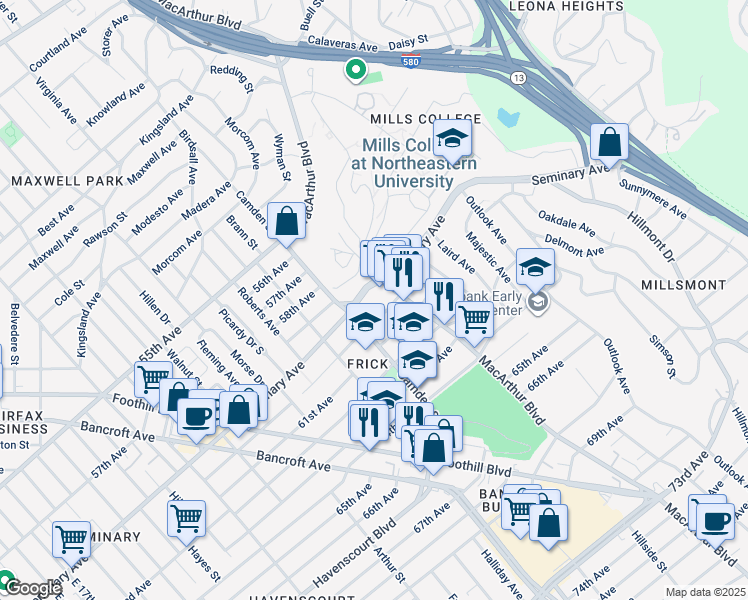 map of restaurants, bars, coffee shops, grocery stores, and more near 30 Murdock Court in Oakland