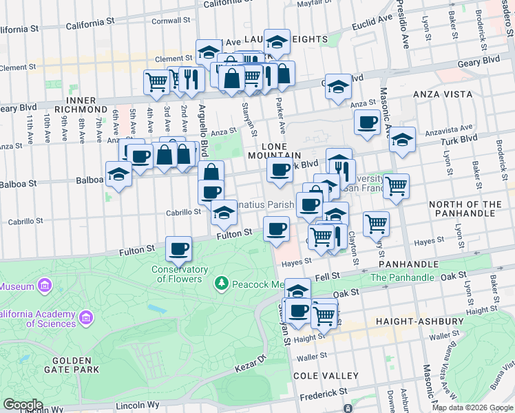 map of restaurants, bars, coffee shops, grocery stores, and more near 2620 McAllister Street in San Francisco