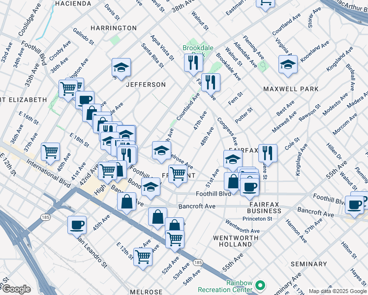 map of restaurants, bars, coffee shops, grocery stores, and more near 47th Avenue & Ellen Street in Oakland