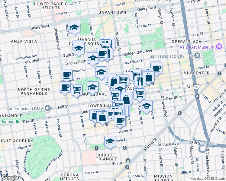 map of restaurants, bars, coffee shops, grocery stores, and more near Fillmore St & Hayes St in San Francisco