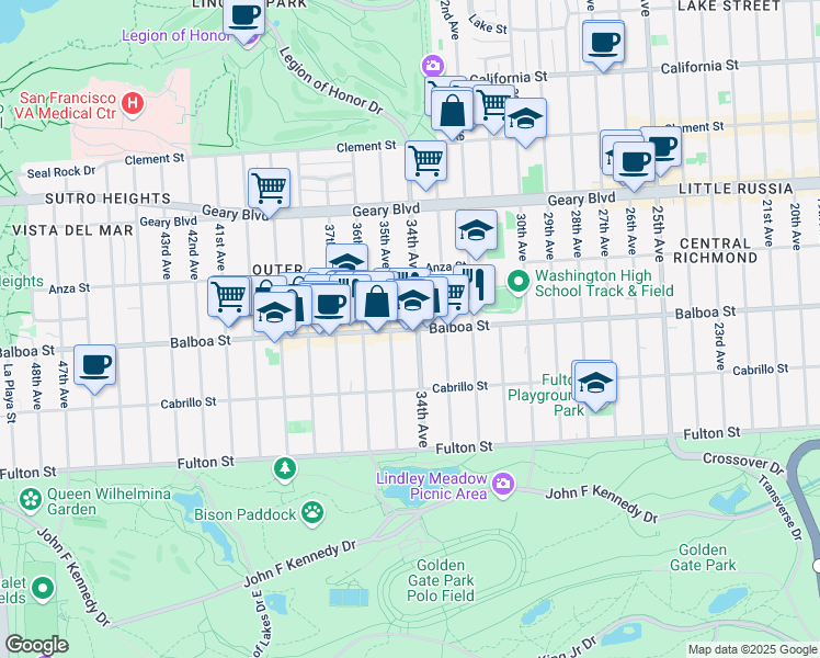 map of restaurants, bars, coffee shops, grocery stores, and more near Balboa Street in San Francisco