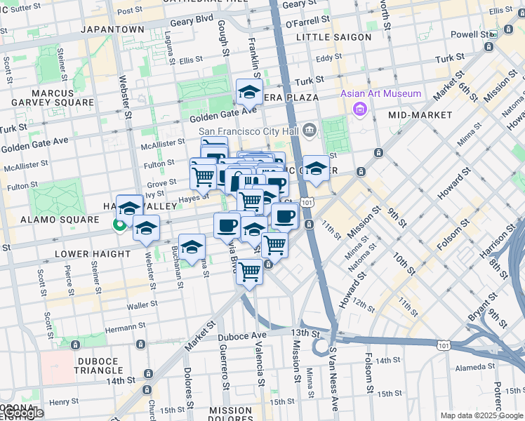 map of restaurants, bars, coffee shops, grocery stores, and more near 265 Fell Street in San Francisco