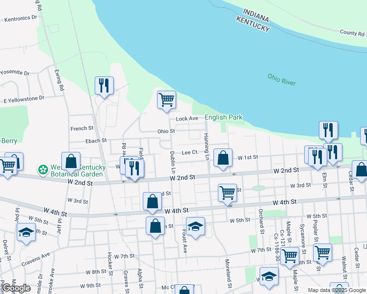 map of restaurants, bars, coffee shops, grocery stores, and more near 1720 Burdette Court in Owensboro