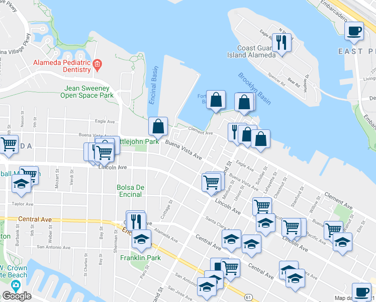 map of restaurants, bars, coffee shops, grocery stores, and more near 1563 Buena Vista Avenue in Alameda