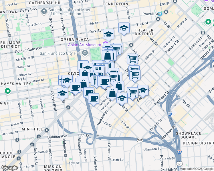 map of restaurants, bars, coffee shops, grocery stores, and more near 1390 Mission Street in San Francisco