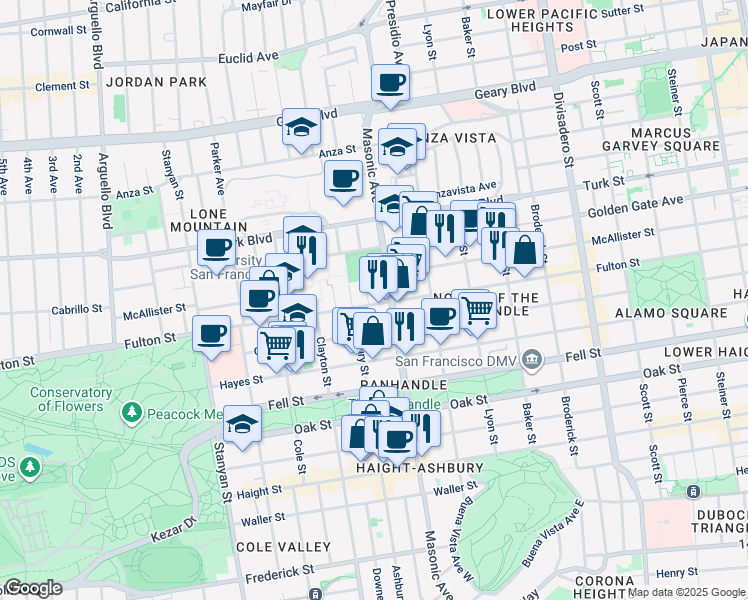 map of restaurants, bars, coffee shops, grocery stores, and more near 1850 Fulton Street in San Francisco