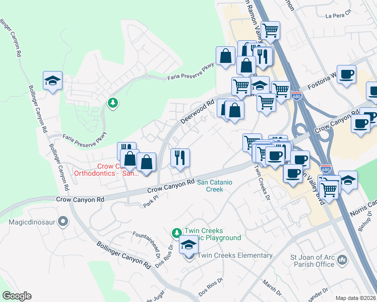 map of restaurants, bars, coffee shops, grocery stores, and more near 111 Skyline Drive in San Ramon