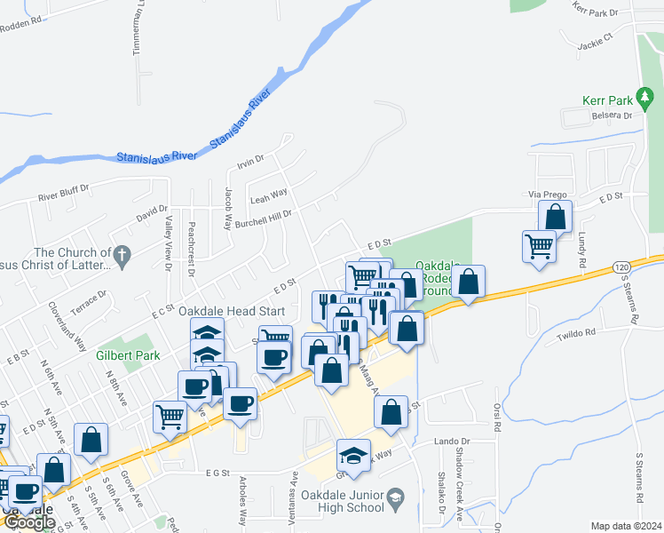 map of restaurants, bars, coffee shops, grocery stores, and more near 1525 East D Street in Oakdale