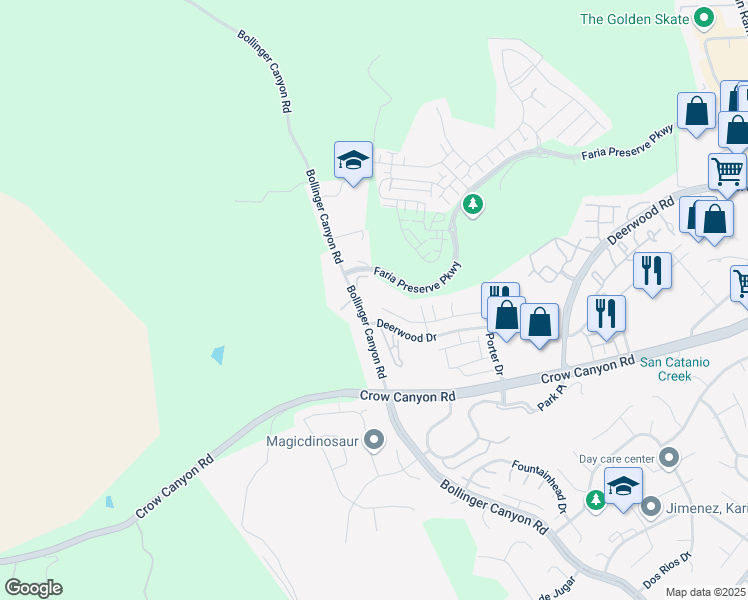 map of restaurants, bars, coffee shops, grocery stores, and more near 134 Claremont Crest Court in San Ramon