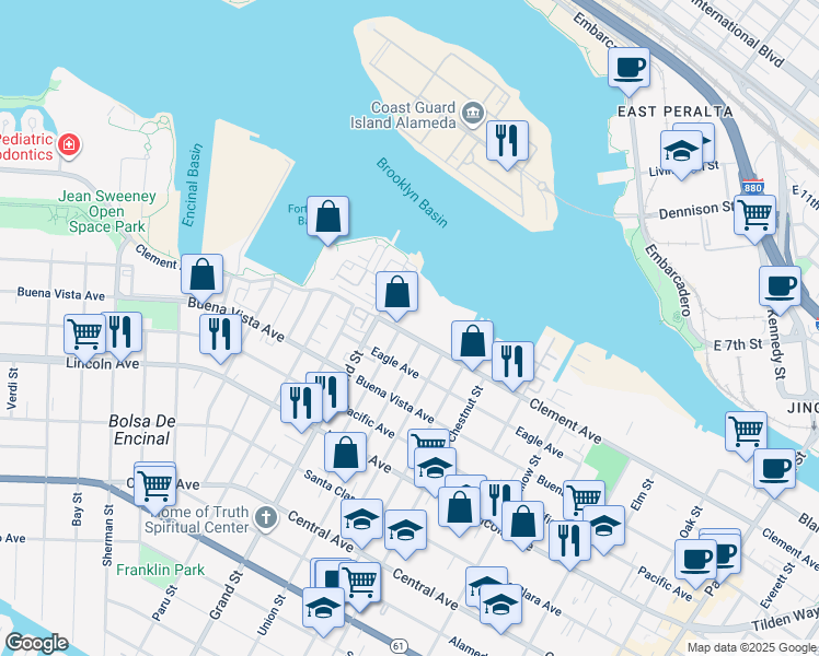 map of restaurants, bars, coffee shops, grocery stores, and more near 1731 Clement Avenue in Alameda