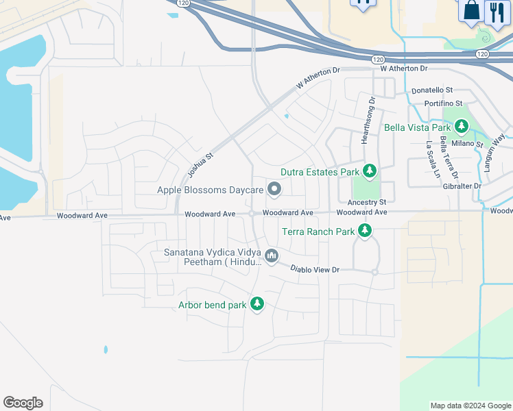map of restaurants, bars, coffee shops, grocery stores, and more near 1786 Yukon Territory Avenue in Manteca