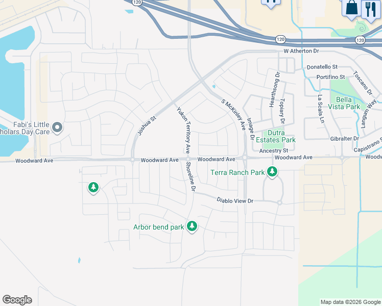 map of restaurants, bars, coffee shops, grocery stores, and more near 1786 Yukon Territory Avenue in Manteca