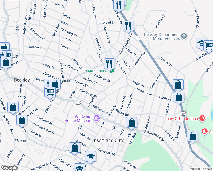 map of restaurants, bars, coffee shops, grocery stores, and more near 227 Garfield Street in Beckley