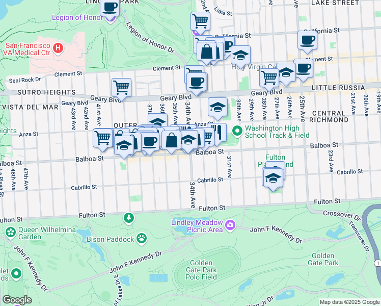 map of restaurants, bars, coffee shops, grocery stores, and more near Balboa St & 34th Ave in San Francisco
