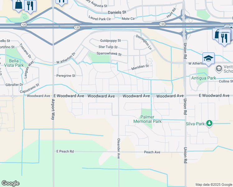 map of restaurants, bars, coffee shops, grocery stores, and more near 1703 West Woodward Avenue in Manteca