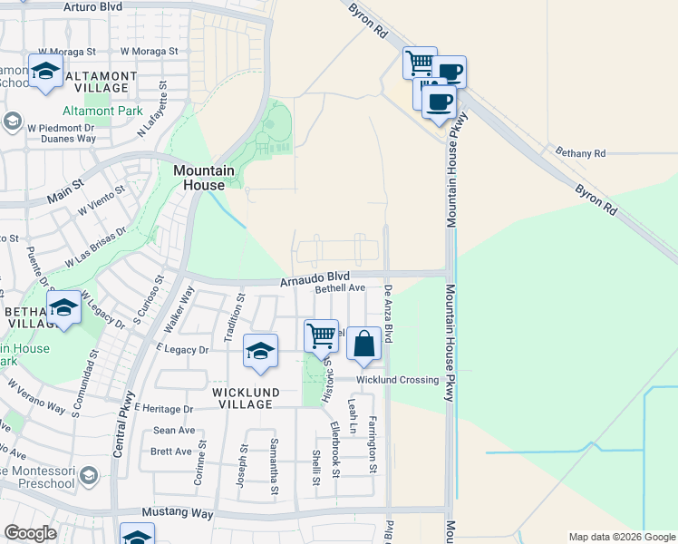 map of restaurants, bars, coffee shops, grocery stores, and more near 559 East Arnaudo Boulevard in Mountain House