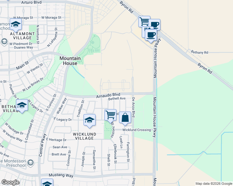 map of restaurants, bars, coffee shops, grocery stores, and more near 445 Bethell Avenue in Mountain House