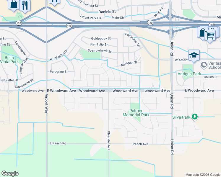 map of restaurants, bars, coffee shops, grocery stores, and more near 1703 West Woodward Avenue in Manteca