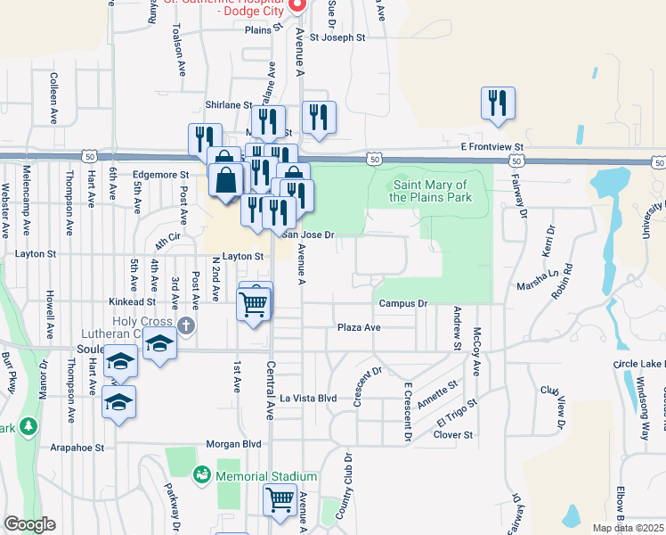 map of restaurants, bars, coffee shops, grocery stores, and more near 200 Campus Drive in Dodge City