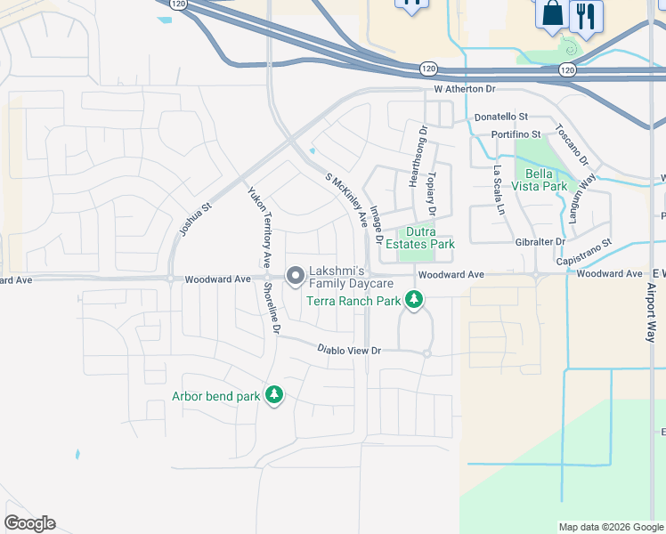 map of restaurants, bars, coffee shops, grocery stores, and more near 2865 Bering Street in Manteca