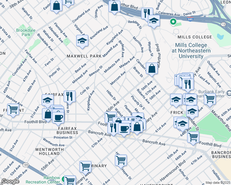 map of restaurants, bars, coffee shops, grocery stores, and more near 5353 Fleming Avenue in Oakland