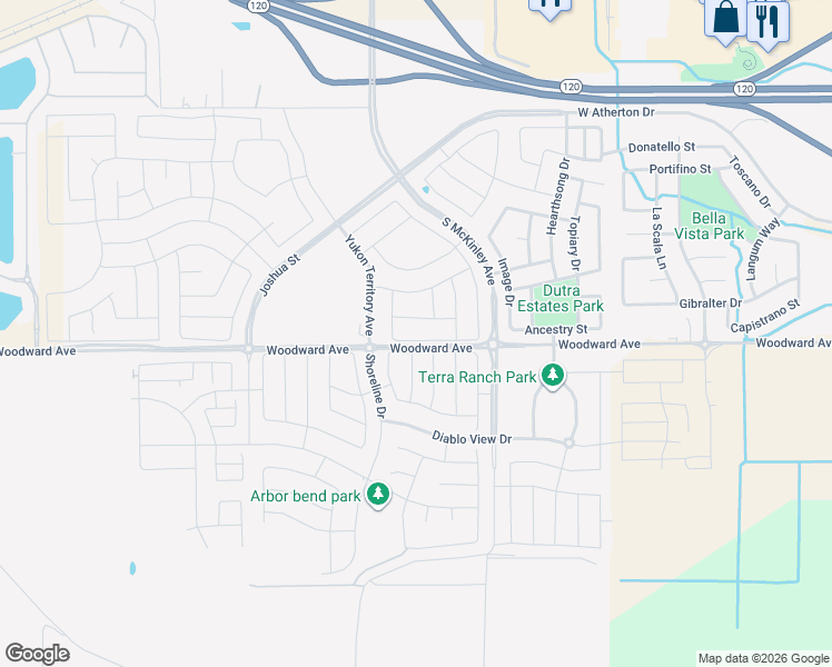map of restaurants, bars, coffee shops, grocery stores, and more near 1849 Holland Lane in Manteca