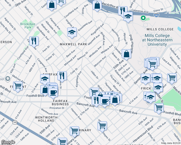 map of restaurants, bars, coffee shops, grocery stores, and more near 5251 Hillen Drive in Oakland
