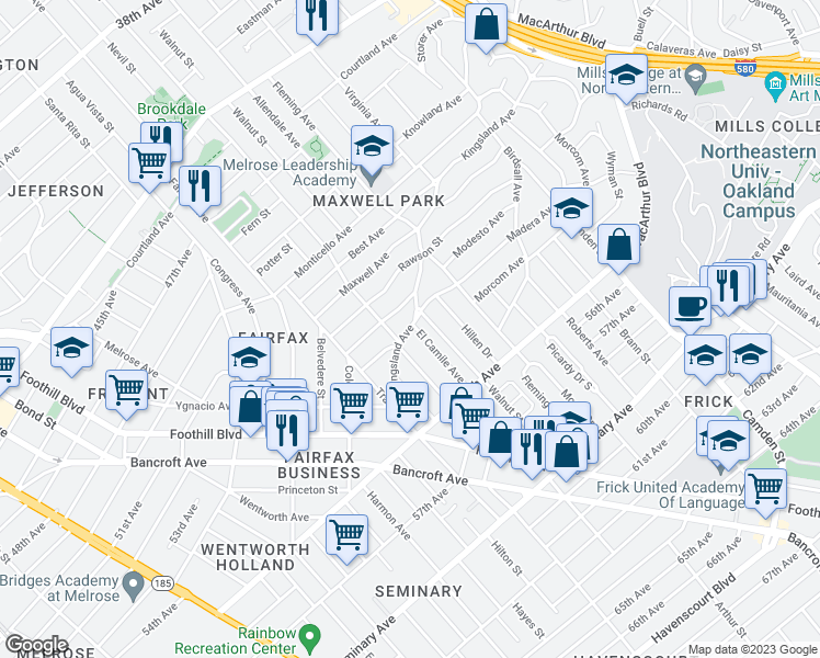 map of restaurants, bars, coffee shops, grocery stores, and more near 2650 Kingsland Avenue in Oakland