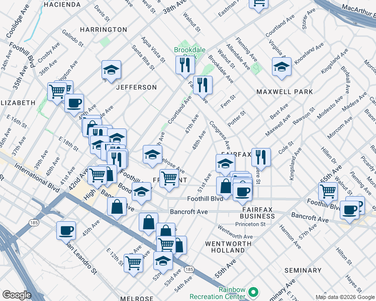map of restaurants, bars, coffee shops, grocery stores, and more near 2180 48th Avenue in Oakland