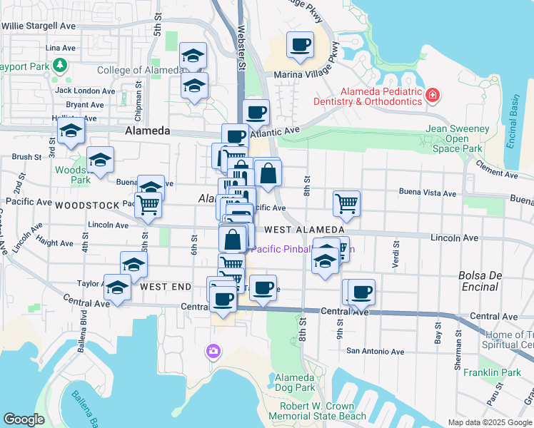 map of restaurants, bars, coffee shops, grocery stores, and more near 720 Pacific Avenue in Alameda