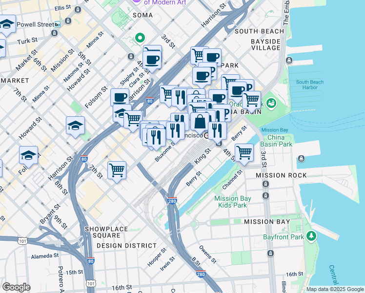 map of restaurants, bars, coffee shops, grocery stores, and more near 388 Townsend Street in San Francisco