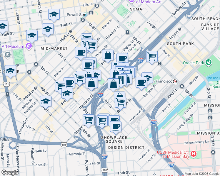 map of restaurants, bars, coffee shops, grocery stores, and more near 850 Bryant Street in San Francisco