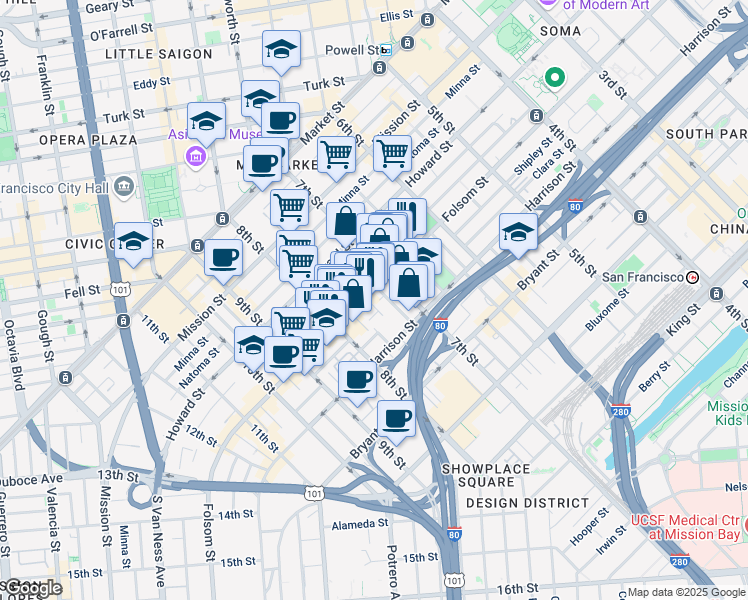 map of restaurants, bars, coffee shops, grocery stores, and more near 1136 Folsom Street in San Francisco
