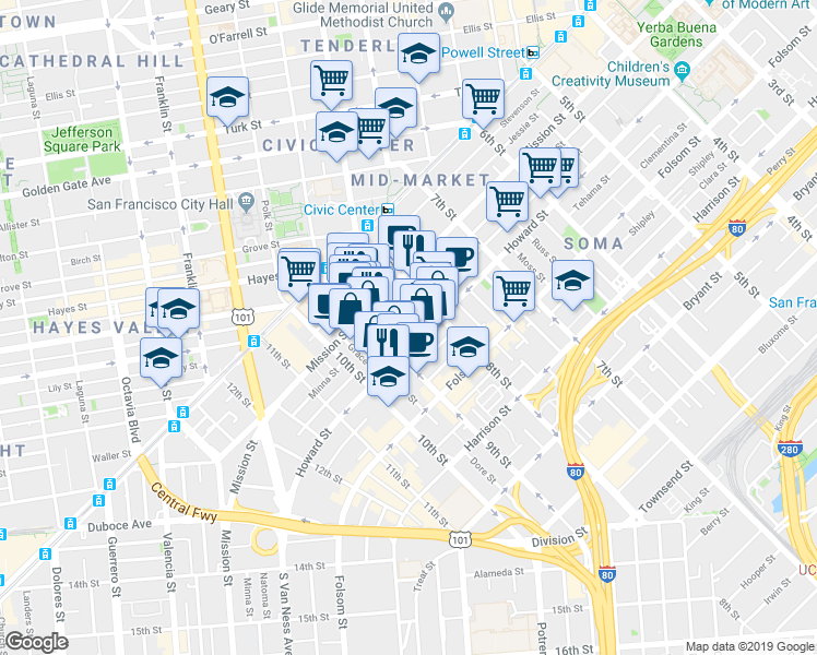 map of restaurants, bars, coffee shops, grocery stores, and more near 765 Minna Street in San Francisco