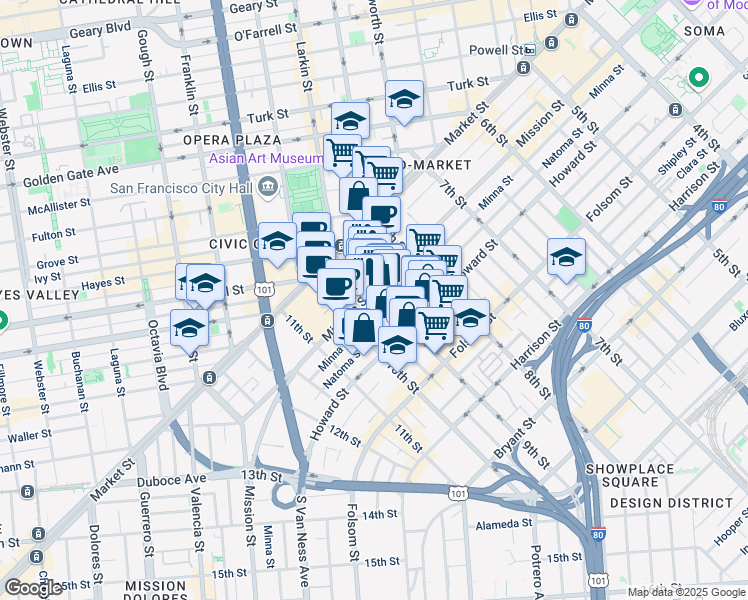 map of restaurants, bars, coffee shops, grocery stores, and more near 1321 Mission Street in San Francisco