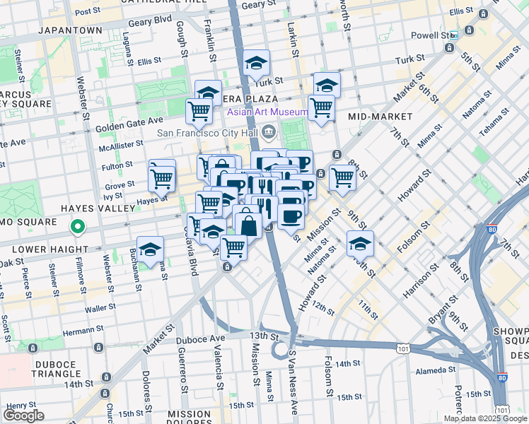 map of restaurants, bars, coffee shops, grocery stores, and more near in San Francisco