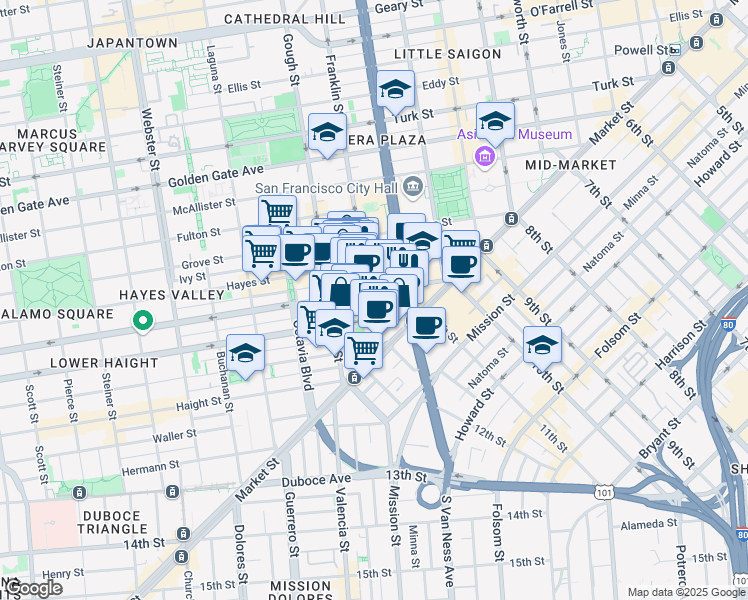 map of restaurants, bars, coffee shops, grocery stores, and more near in San Francisco