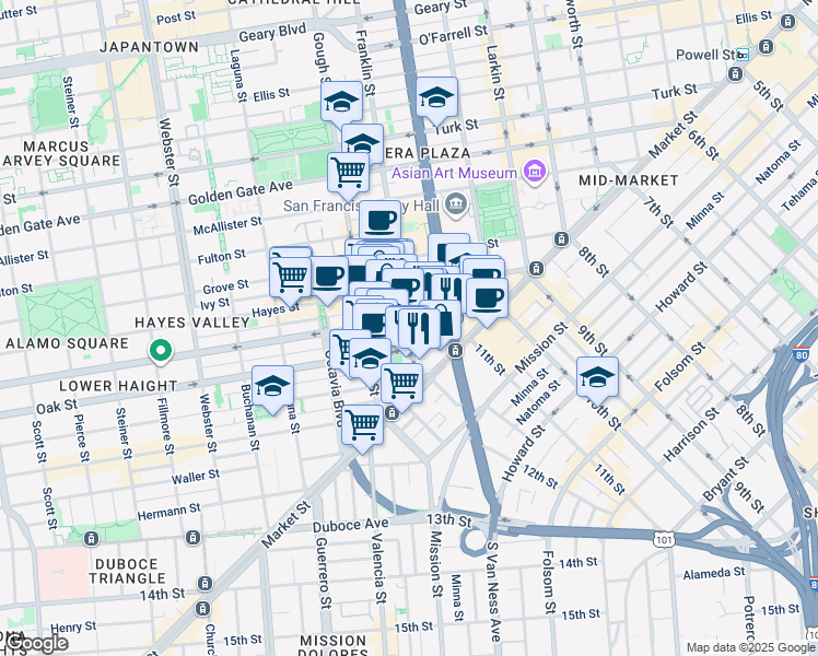 map of restaurants, bars, coffee shops, grocery stores, and more near in San Francisco