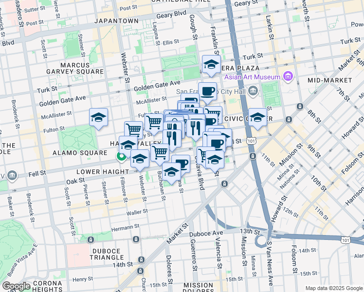 map of restaurants, bars, coffee shops, grocery stores, and more near 542 Laguna Street in San Francisco