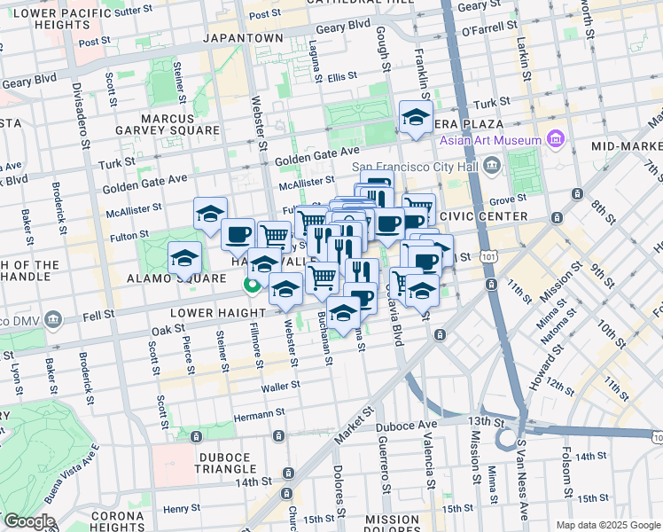 map of restaurants, bars, coffee shops, grocery stores, and more near 542 Linden Street in San Francisco