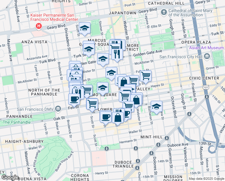 map of restaurants, bars, coffee shops, grocery stores, and more near 655 Steiner Street in San Francisco
