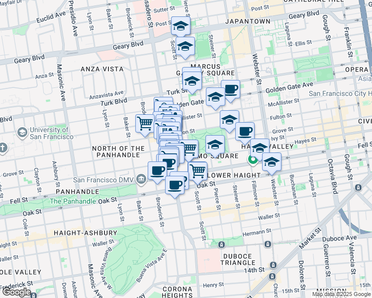 map of restaurants, bars, coffee shops, grocery stores, and more near 651 B Scott Street in San Francisco