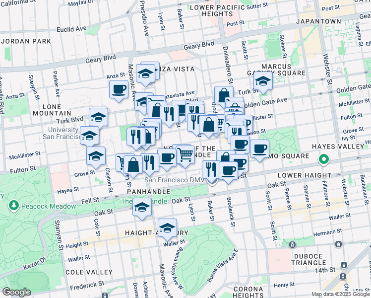 map of restaurants, bars, coffee shops, grocery stores, and more near 1615 Fulton Street in San Francisco
