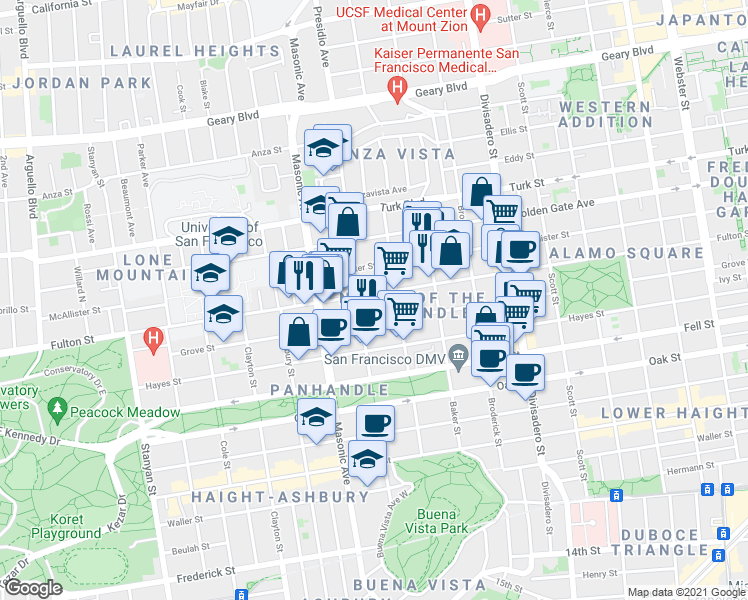 map of restaurants, bars, coffee shops, grocery stores, and more near 1615 Fulton Street in San Francisco