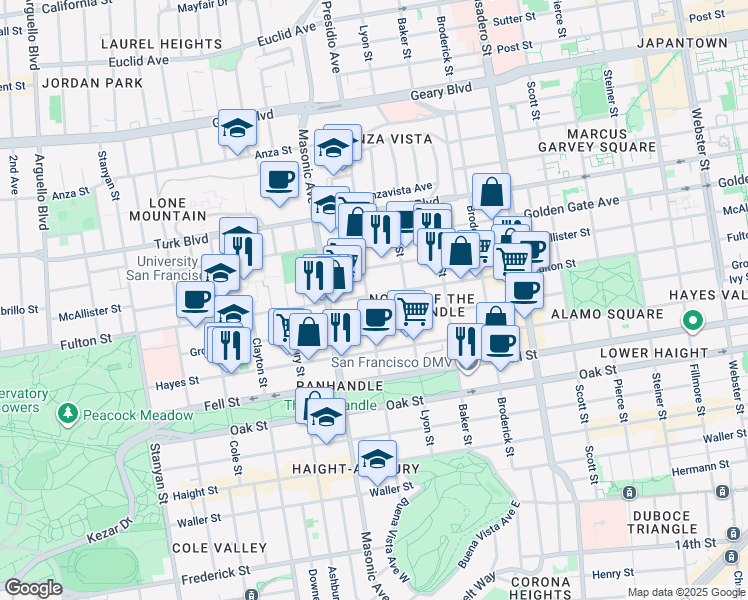 map of restaurants, bars, coffee shops, grocery stores, and more near 1706 Fulton Street in San Francisco