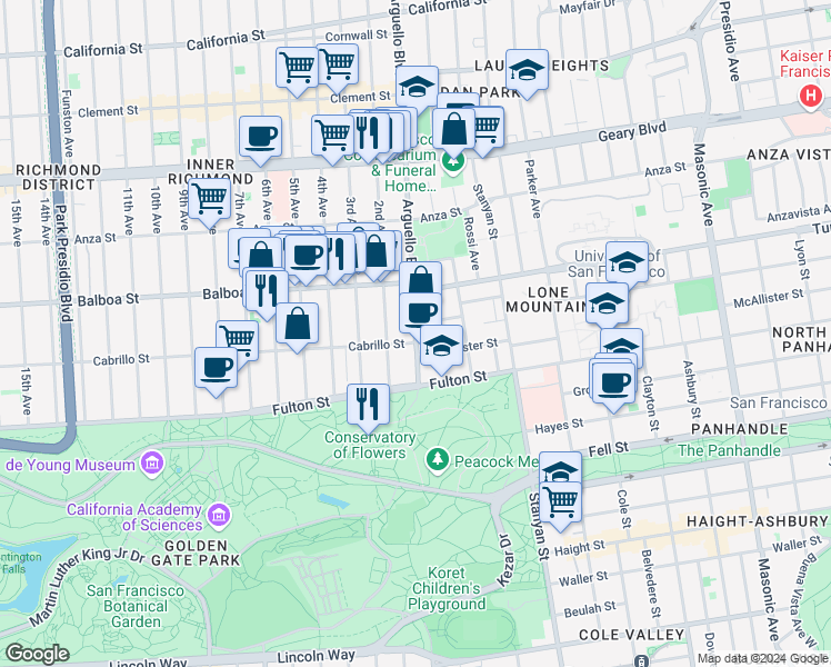 map of restaurants, bars, coffee shops, grocery stores, and more near 766 Arguello Boulevard in San Francisco