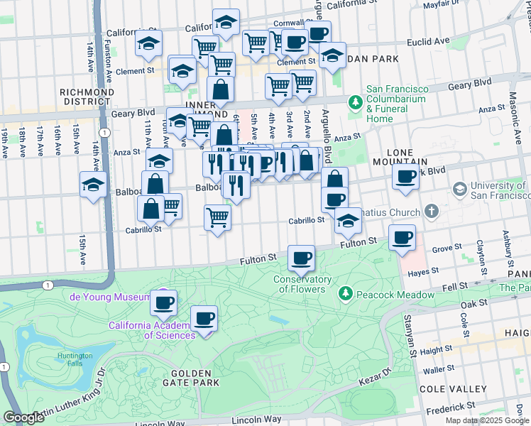 map of restaurants, bars, coffee shops, grocery stores, and more near 667 5th Avenue in San Francisco