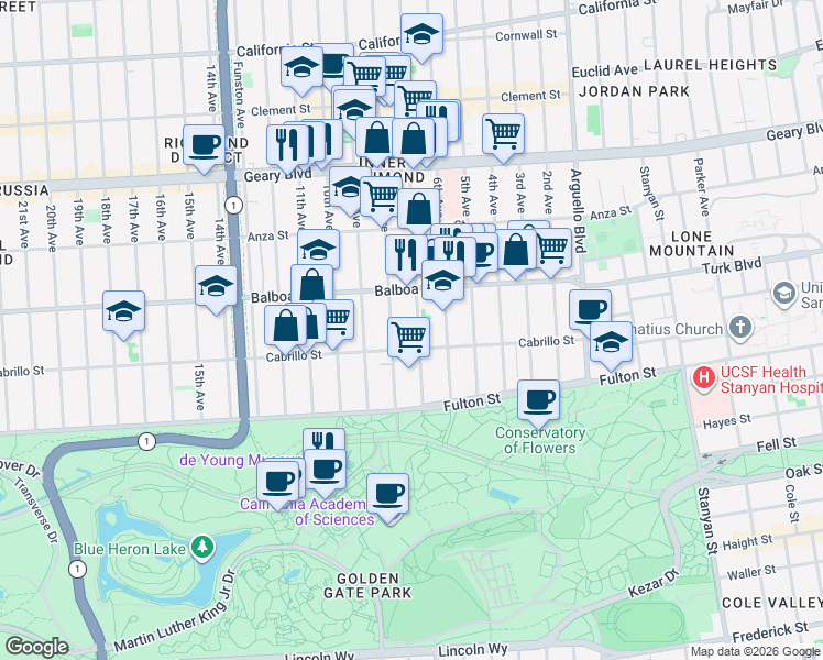 map of restaurants, bars, coffee shops, grocery stores, and more near 664a 8th Avenue in San Francisco